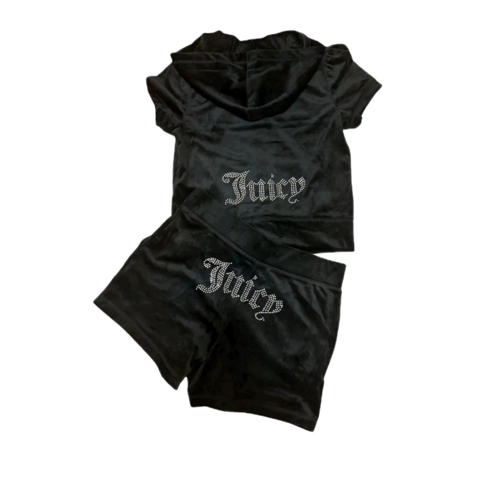 Juicy Couture Velvet Velour Black Outfit Lounge Set Shorts Zip Hoodie L $179 NWT